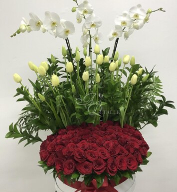 Elegancia de tulipanes, orquídeas y rosas
